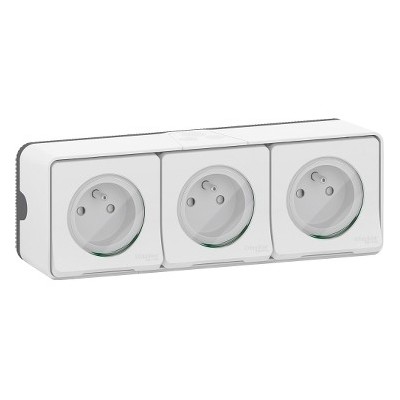 Schneider Electric - Mureva Styl - Triple PC 2P+T horiz. précâblée - saillie - IP55 - IK08 - blanc - Réf : MUR36039