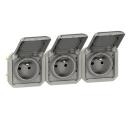 Legrand - Triple prise de courant précâblée 3x2P+T horizontale étanche Plexo 16A 250V IP55 3 postes gris - Réf : 069564L
