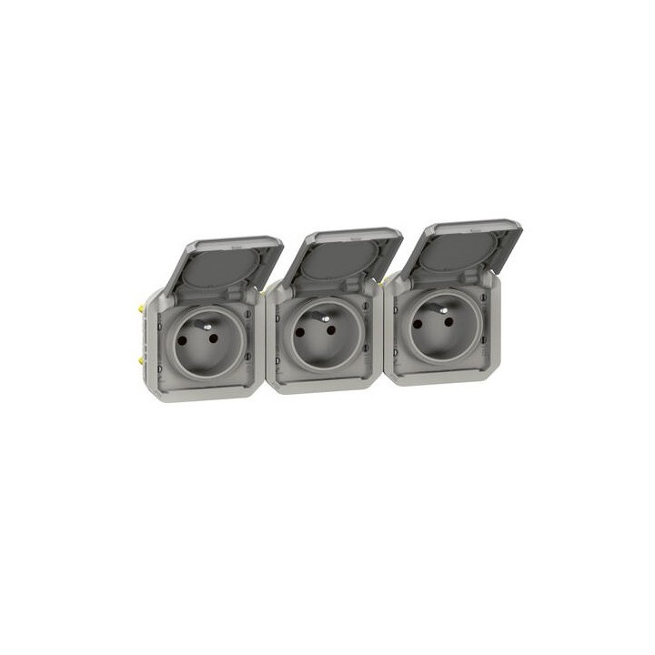 Legrand - Triple prise de courant précâblée 3x2P+T horizontale étanche Plexo 16A 250V IP55 3 postes gris - Réf : 069564L