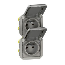 Legrand - Double prise de courant précâblée 2x2P+T verticale étanche Plexo 16A 250V IP55 2 postes gris - Réf : 069563L