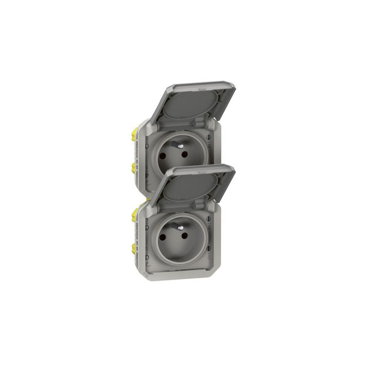 Legrand - Double prise de courant précâblée 2x2P+T verticale étanche Plexo 16A 250V IP55 2 postes gris - Réf : 069563L