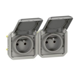 Legrand - Double prise de courant précâblée 2x2P+T horizontale étanche Plexo 16A 250V IP55 2 postes gris - Réf : 069562L
