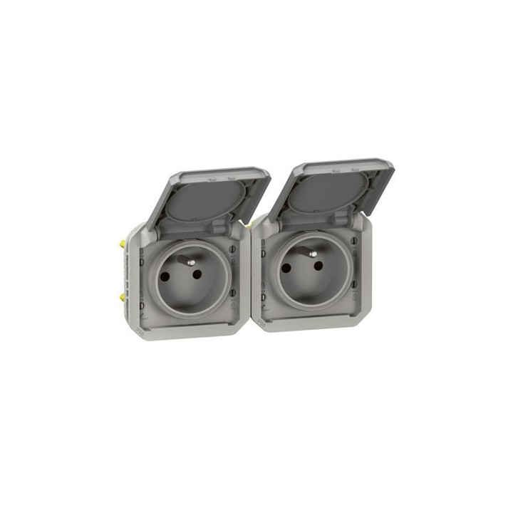 Legrand - Double prise de courant précâblée 2x2P+T horizontale étanche Plexo 16A 250V IP55 2 postes gris - Réf : 069562L