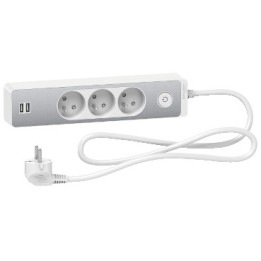 Odace - Rallonge multiprises 3 prises 2P+T - blanche/aluminium - 2USB - 1,5m - Réf : ST933U1WA