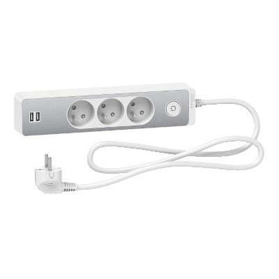 Odace - Rallonge multiprises 3 prises 2P+T - blanche/aluminium - 2USB - 1,5m - Réf : ST933U1WA