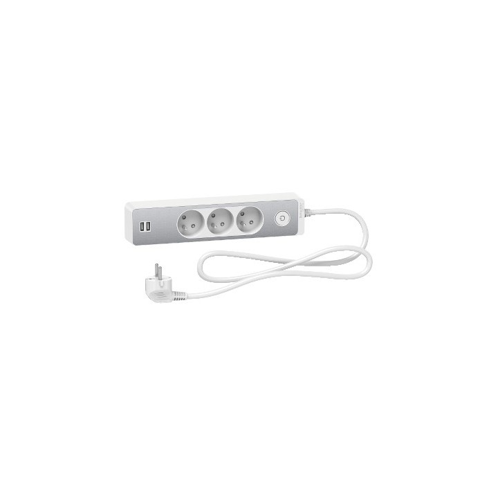 Odace - Rallonge multiprises 3 prises 2P+T - blanche/aluminium - 2USB - 1,5m - Réf : ST933U1WA