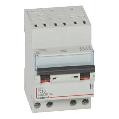 Legrand - Disjoncteur DX³4500 6kA arrivée haute bornes auto sortie basse bornes vis - tétra 10A courbe C - 3 mod - Réf : 406917