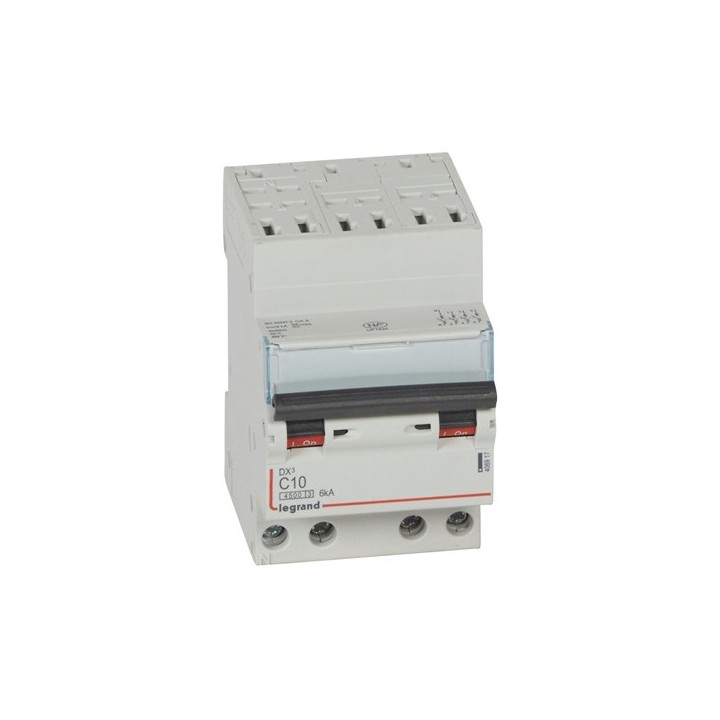 Legrand - Disjoncteur DX³4500 6kA arrivée haute bornes auto sortie basse bornes vis - tétra 10A courbe C - 3 mod - Réf : 406917