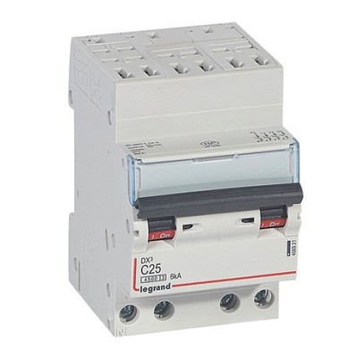 Legrand - Disjoncteur DX³4500 6kA arrivée haute bornes auto sortie basse bornes vis - tétra  25A courbe C - 3 mod - Réf : 406921