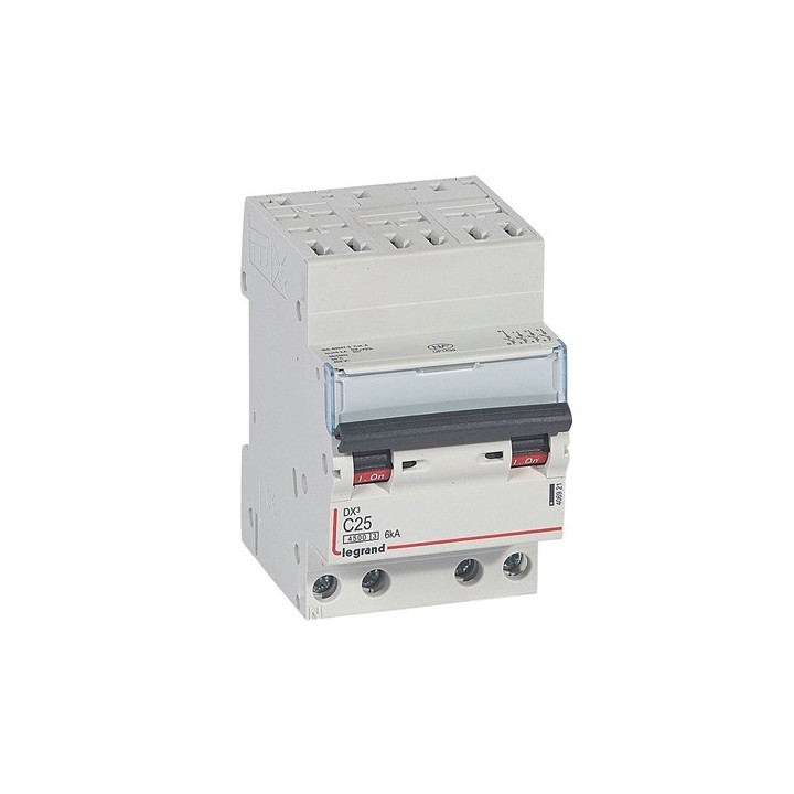 Legrand - Disjoncteur DX³4500 6kA arrivée haute bornes auto sortie basse bornes vis - tétra  25A courbe C - 3 mod - Réf : 406921