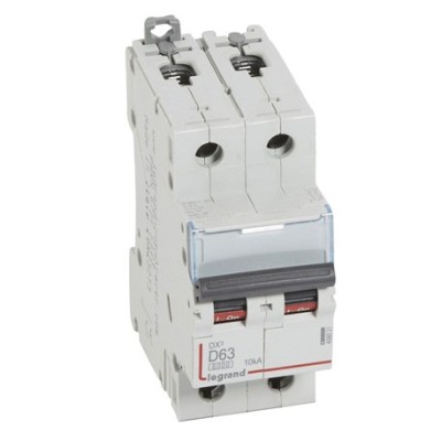 Legrand - Disjoncteur DX³6000 10kA arrivée haute départ bas à vis 2P 230V~ à 400V~ - 63A - courbe D - 2 modules - Réf : 408021