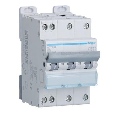 Hager - Disjoncteur 3P+N 6-10kA courbe D - 10A 3 modules - Réf : NGT810