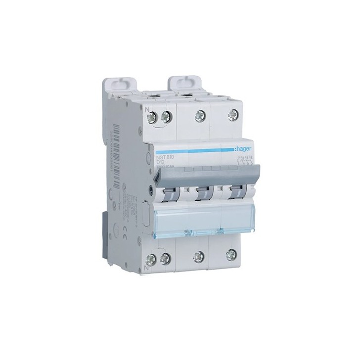 Hager - Disjoncteur 3P+N 6-10kA courbe D - 10A 3 modules - Réf : NGT810