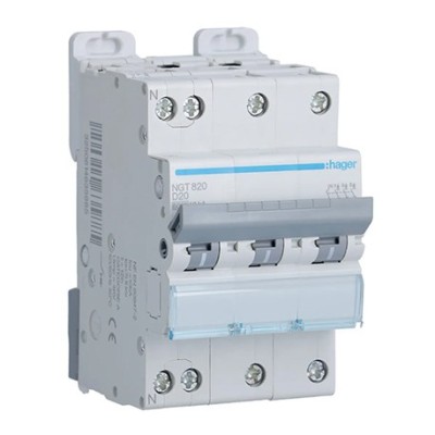 Hager - Disjoncteur 3P+N 6-10kA courbe D - 20A 3 modules - Réf : NGT820