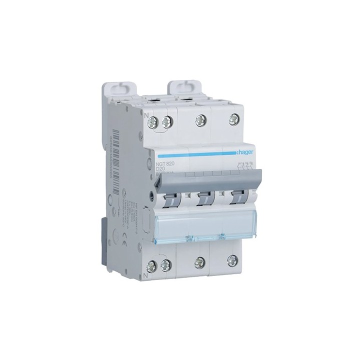 Hager - Disjoncteur 3P+N 6-10kA courbe D - 20A 3 modules - Réf : NGT820