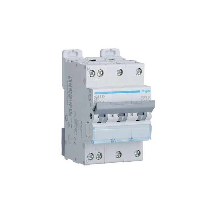 Hager - Disjoncteur 3P+N 6-10kA courbe D - 25A 3 modules - Réf : NGT825