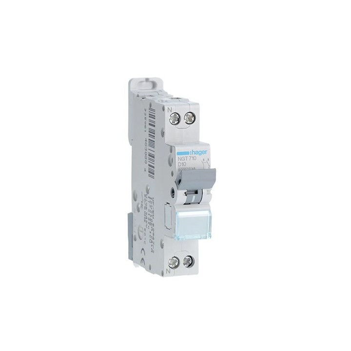 Hager - Disjoncteur 1P+N 6-10kA courbe D - 10A 1 module - A vis - Réf : NGT710