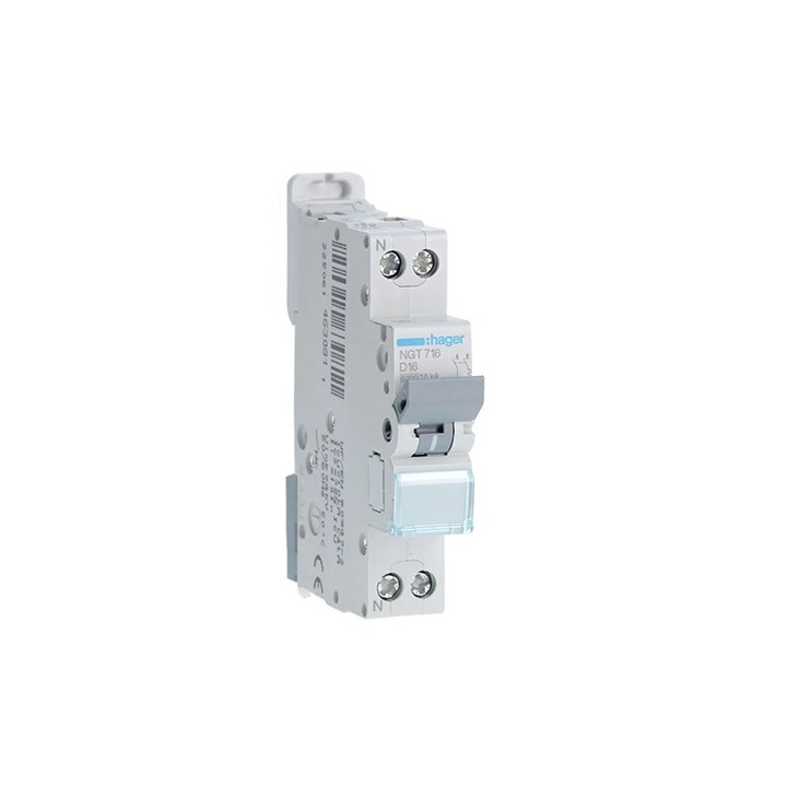 Hager - Disjoncteur 1P+N 6-10kA courbe D - 16A 1 module - A vis - Réf : NGT716