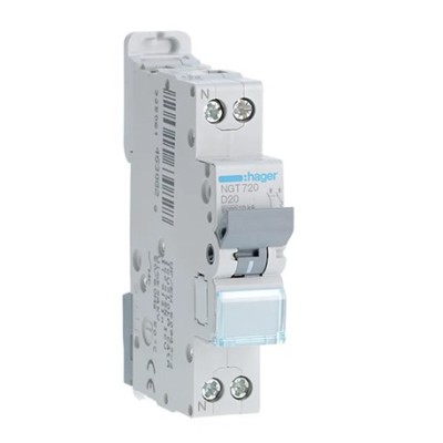 Hager - Disjoncteur 1P+N 6-10kA courbe D - 20A 1 module - A vis - Réf : NGT720