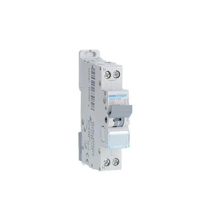 Hager - Disjoncteur 1P+N 6-10kA courbe D - 20A 1 module - A vis - Réf : NGT720