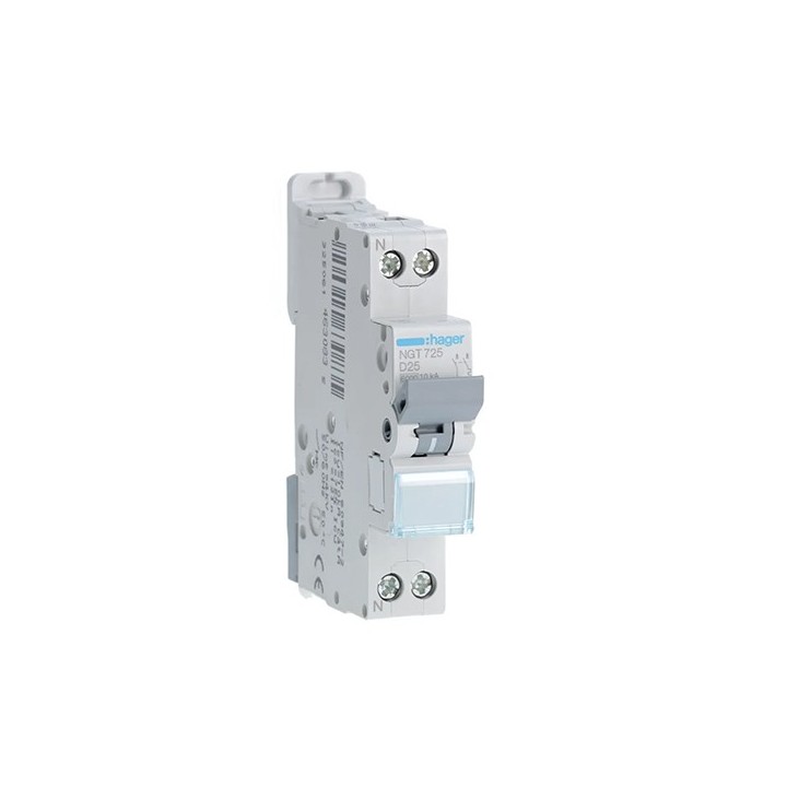 Hager - Disjoncteur 1P+N 6-10kA courbe D - 25A 1 module - A vis - Réf : NGT725