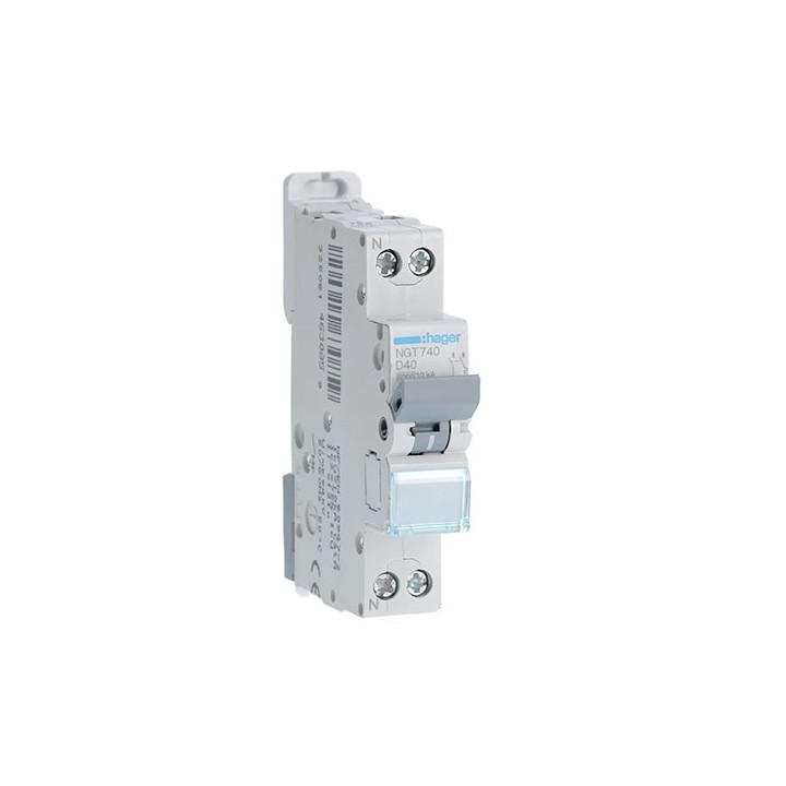 Hager - Disjoncteur 1P+N 6-10kA courbe D - 40A 1 module - A vis - Réf : NGT740