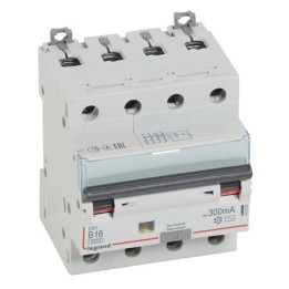 Legrand - Disjoncteur diff monobloc DX³6000 10kA arrivée h. départ b. à vis 4P 400V~ - 16A - T.AC 300mA - C. B - Réf : 411359
