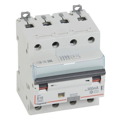 Legrand - Disjoncteur diff monobloc DX³6000 10kA arrivée h. départ b. à vis 4P 400V~ - 16A - T.AC 300mA - C. B - Réf : 411359