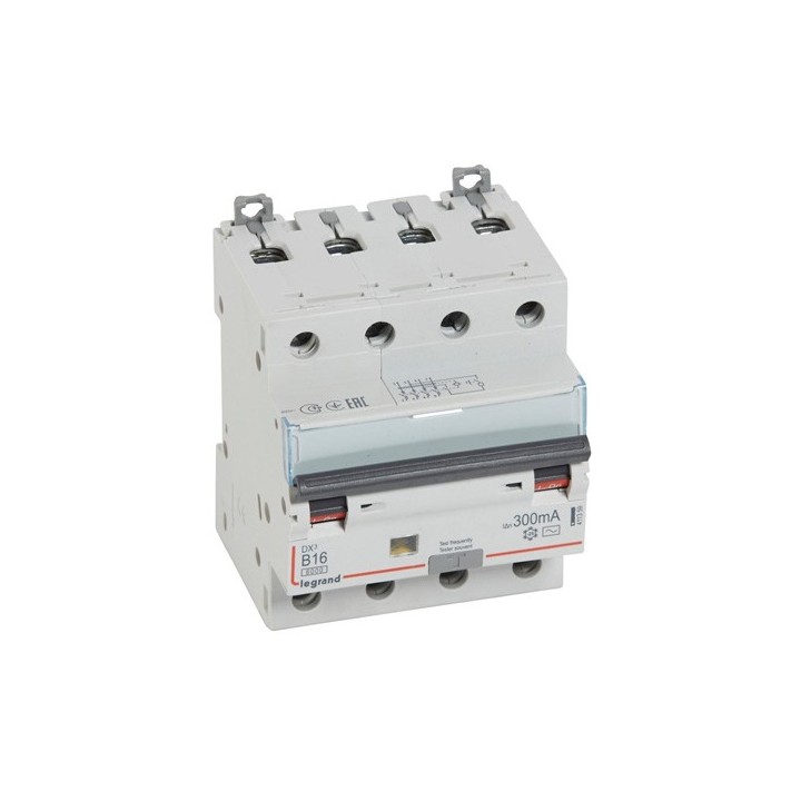 Legrand - Disjoncteur diff monobloc DX³6000 10kA arrivée h. départ b. à vis 4P 400V~ - 16A - T.AC 300mA - C. B - Réf : 411359