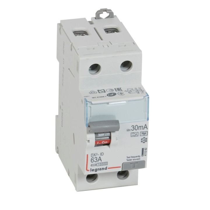 Legrand - Interrupteur diff DX³-ID arrivée haute et départ bas à vis - 2P 230V~ 63A typeF 30mA - 2 modules - Réf : 411592