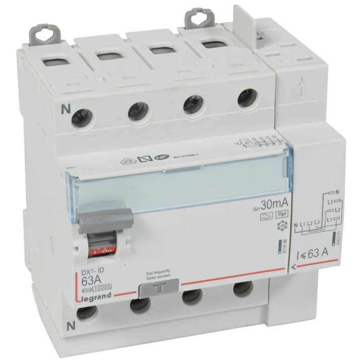 Legrand - Interrupteur diff DX³-ID arrivée haut à vis et départ haut auto - 4P 400V~ 63A typeF 30mA - 5 modules - Réf : 411659