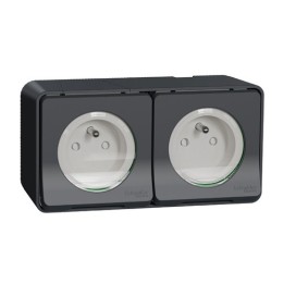 Schneider Mureva Styl - Double prise 2P+T précâblée horizontale complet saillie IP55 - gris - Réf : MUR36028
