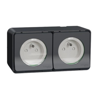 Schneider Mureva Styl - Double prise 2P+T précâblée horizontale complet saillie IP55 - gris - Réf : MUR36028