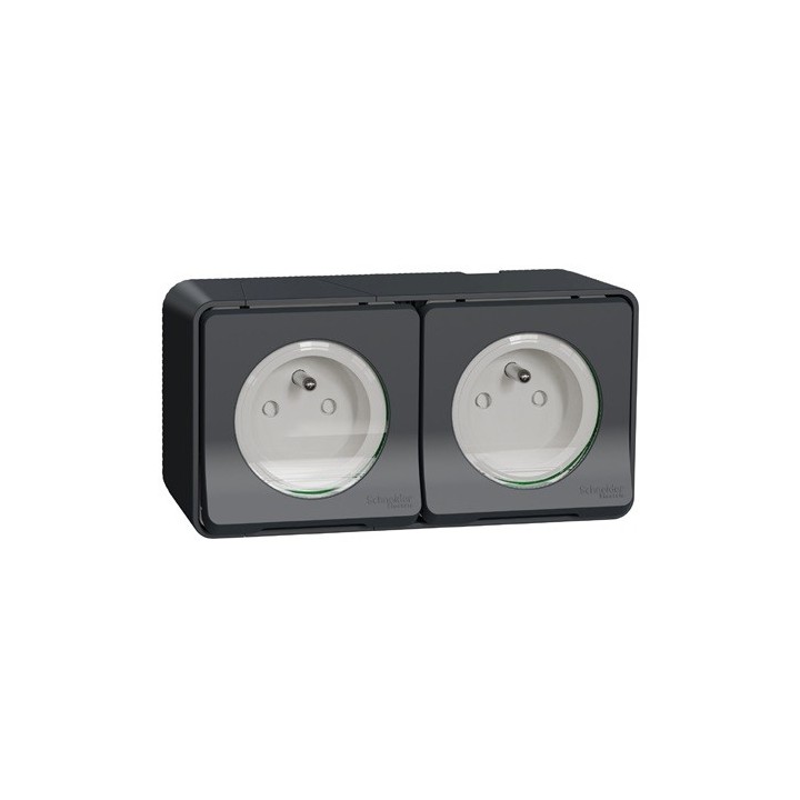 Schneider Mureva Styl - Double prise 2P+T précâblée horizontale complet saillie IP55 - gris - Réf : MUR36028