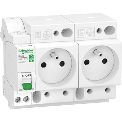 Schneider - Combiné disjoncteur + 2 prises embrochables 1P+N - 16A - courbe C - Resi9 XE - Réf : R9ECS616