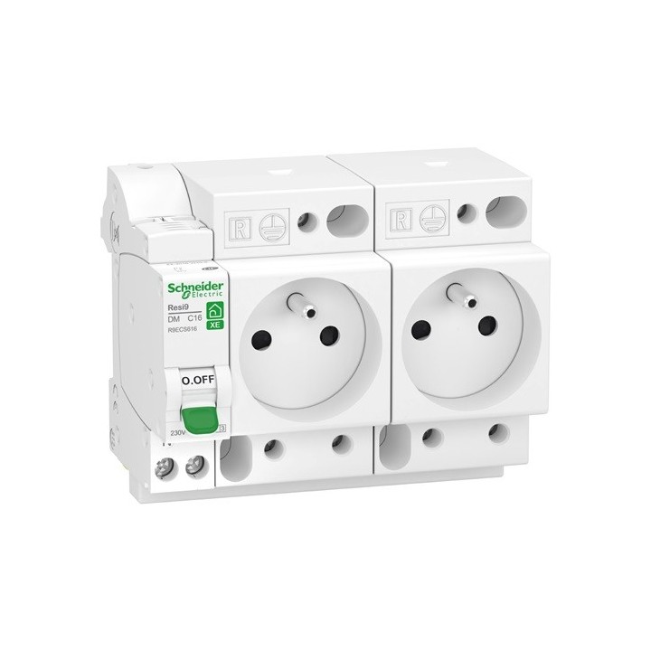 Schneider - Combiné disjoncteur + 2 prises embrochables 1P+N - 16A - courbe C - Resi9 XE - Réf : R9ECS616