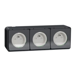 Schneider Mureva Styl - Triple Prise 2P+T horizontale précâblée saillie - IP55 - gris - Réf : MUR36037