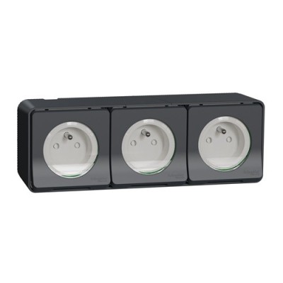 Schneider Mureva Styl - Triple Prise 2P+T horizontale précâblée saillie - IP55 - gris - Réf : MUR36037