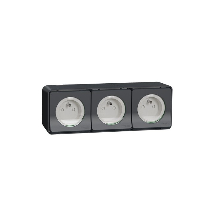 Schneider Mureva Styl - Triple Prise 2P+T horizontale précâblée saillie - IP55 - gris - Réf : MUR36037