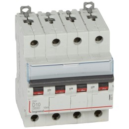 Legrand -  Disjoncteur DX³6000 10kA arrivée haute départ bas à vis 4P 400~ 10A - courbe D - peigne HX³ trad - Réf : 408116