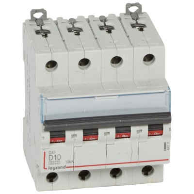 Legrand -  Disjoncteur DX³6000 10kA arrivée haute départ bas à vis 4P 400~ 10A - courbe D - peigne HX³ trad - Réf : 408116