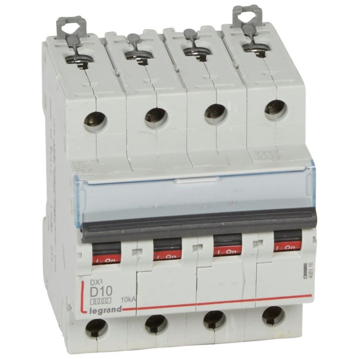 Legrand -  Disjoncteur DX³6000 10kA arrivée haute départ bas à vis 4P 400~ 10A - courbe D - peigne HX³ trad - Réf : 408116