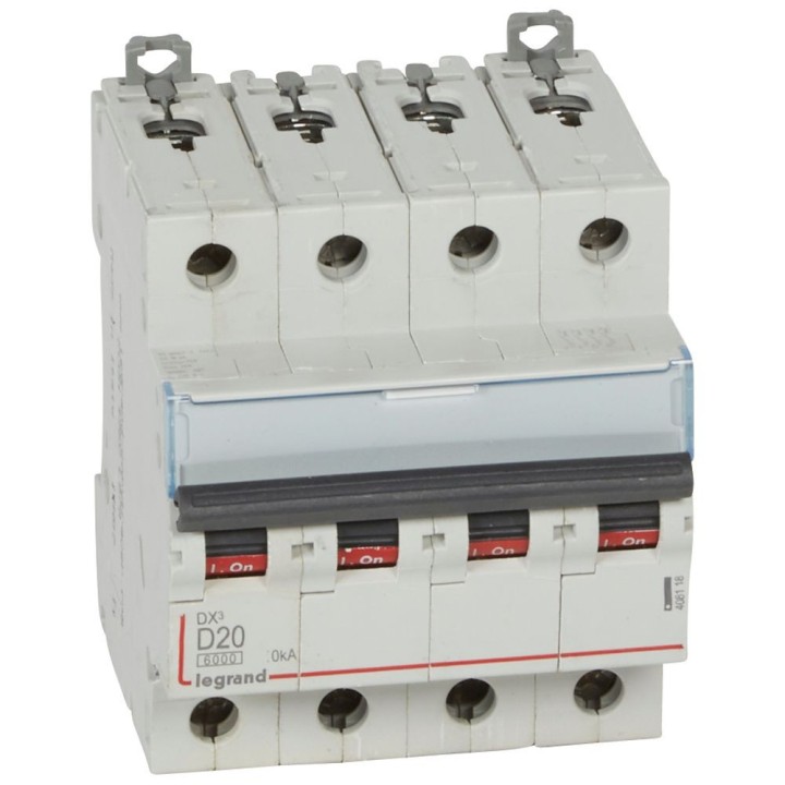 Legrand -  Disjoncteur DX³6000 10kA arrivée haute départ bas à vis 4P 400~ 20A - courbe D - peigne HX³ trad - Réf : 408118