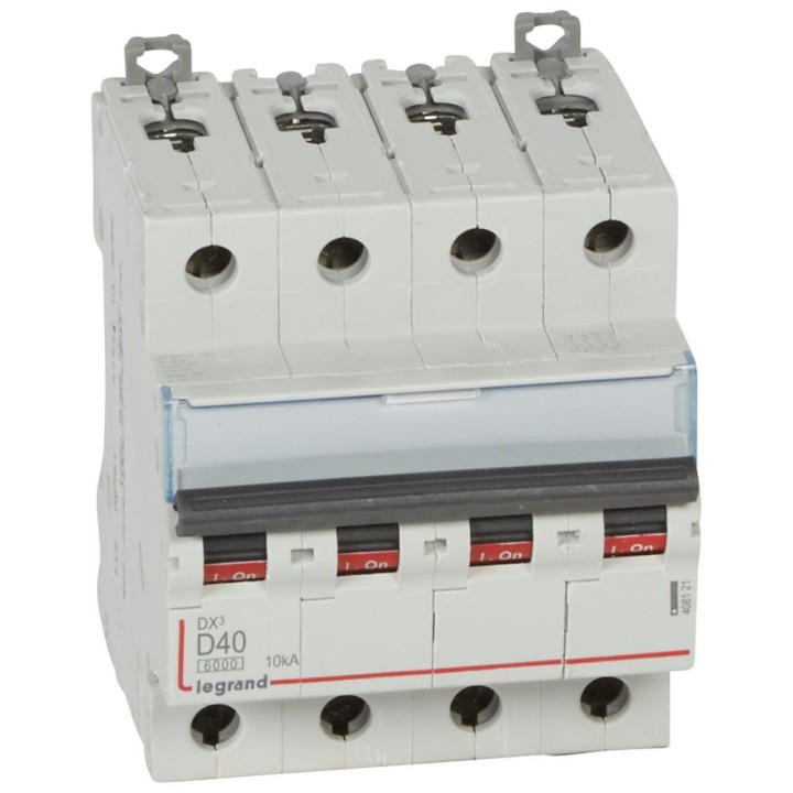 Legrand -  Disjoncteur DX³6000 10kA arrivée haute départ bas à vis 4P 400~ 40A - courbe D - peigne HX³ trad - Réf : 408121