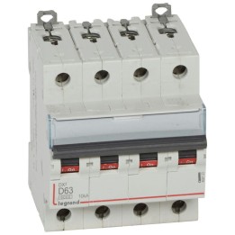 Legrand -  Disjoncteur DX³6000 10kA arrivée haute départ bas à vis 4P 400~ 63A - courbe D - peigne HX³ trad - Réf : 408123