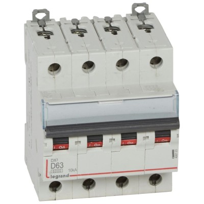 Legrand -  Disjoncteur DX³6000 10kA arrivée haute départ bas à vis 4P 400~ 63A - courbe D - peigne HX³ trad - Réf : 408123