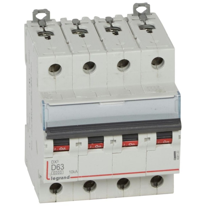Legrand -  Disjoncteur DX³6000 10kA arrivée haute départ bas à vis 4P 400~ 63A - courbe D - peigne HX³ trad - Réf : 408123