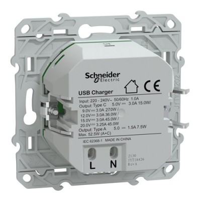 Schneider - Ovalis - Chargeur USB type A 7,5W +C 45W - Forte puissance type C - Blanc - Réf : S320403