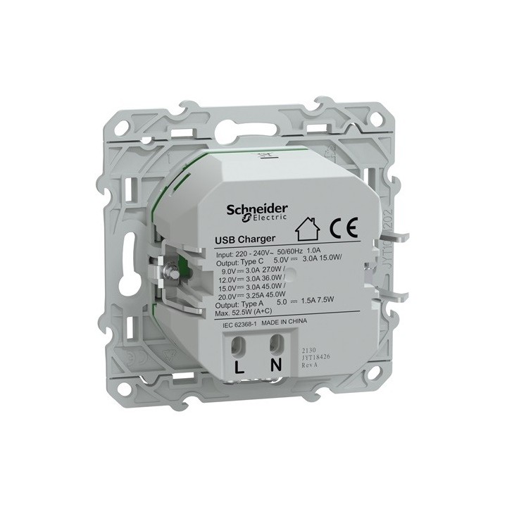 Schneider - Ovalis - Chargeur USB type A 7,5W +C 45W - Forte puissance type C - Blanc - Réf : S320403