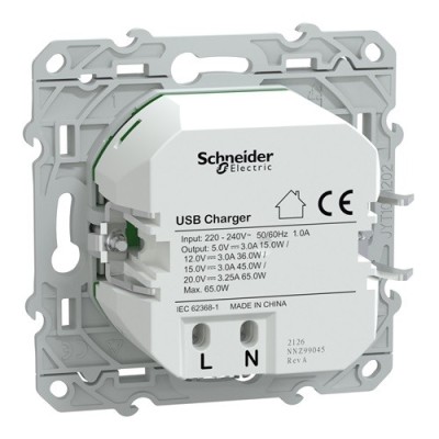 Schneider - Ovalis - Chargeur USB-C 65W - Forte puissance pour charge app. mobiles - Blanc - Réf : S320406
